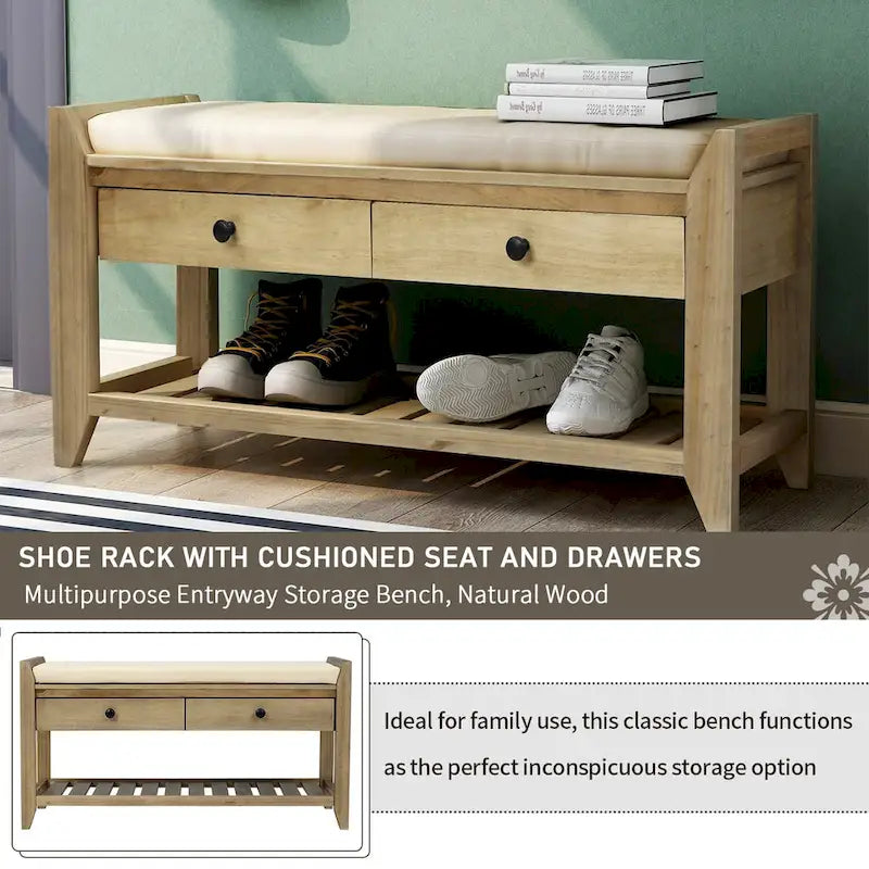 Étagère à chaussures en bois massif de 99 cm avec siège rembourré et tiroirs, banc de rangement multifonctionnel pour entrée, ottoman pour salon, couloir
