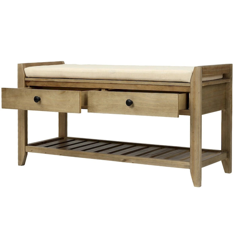 Étagère à chaussures en bois massif de 99 cm avec siège rembourré et tiroirs, banc de rangement multifonctionnel pour entrée, ottoman pour salon, couloir