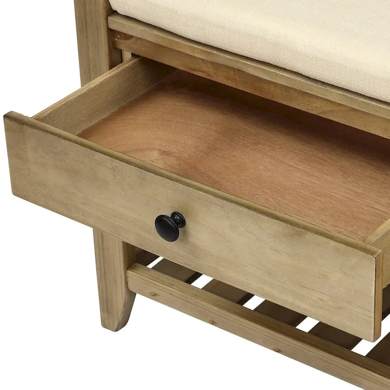 Étagère à chaussures en bois massif de 99 cm avec siège rembourré et tiroirs, banc de rangement multifonctionnel pour entrée, ottoman pour salon, couloir