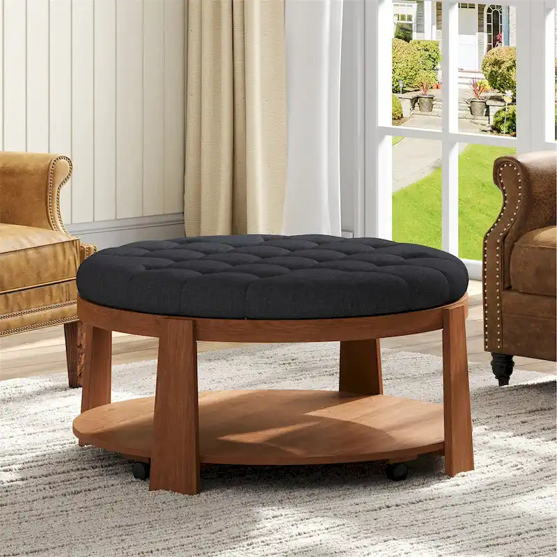 Table basse ronde moderne à 2 niveaux, pouf capitonné avec étagère de rangement en bois, rembourré et à roulettes pour salon