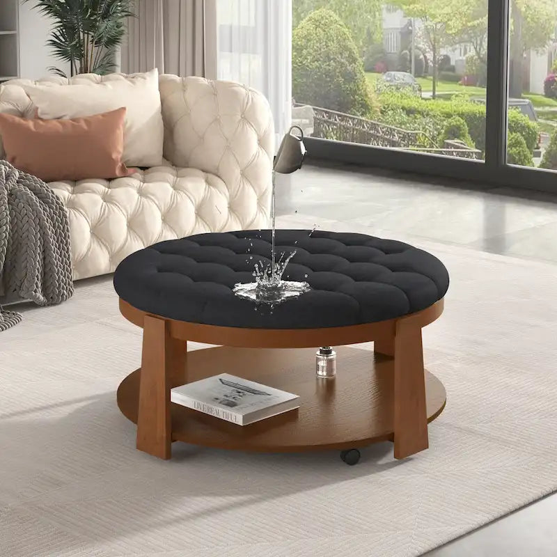 Table basse ronde moderne à 2 niveaux, pouf capitonné avec étagère de rangement en bois, rembourré et à roulettes pour salon