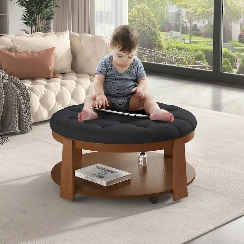 Table basse ronde moderne à 2 niveaux, pouf capitonné avec étagère de rangement en bois, rembourré et à roulettes pour salon