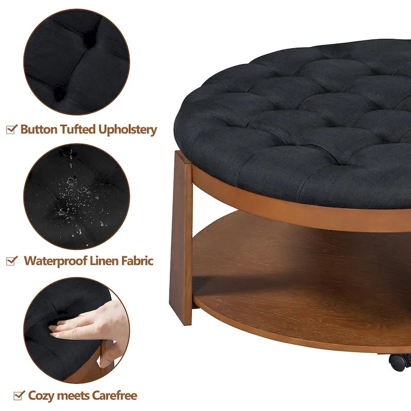 Table basse ronde moderne à 2 niveaux, pouf capitonné avec étagère de rangement en bois, rembourré et à roulettes pour salon