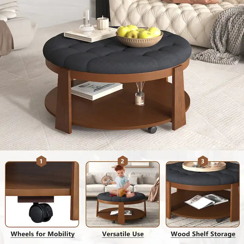 Table basse ronde moderne à 2 niveaux, pouf capitonné avec étagère de rangement en bois, rembourré et à roulettes pour salon