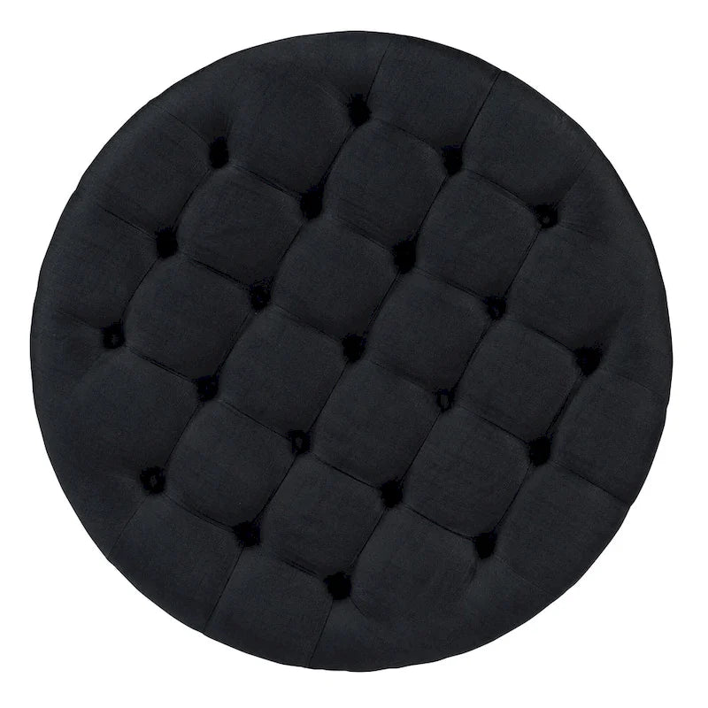 Table basse ronde moderne à 2 niveaux, pouf capitonné avec étagère de rangement en bois, rembourré et à roulettes pour salon