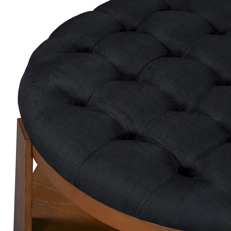 Table basse ronde moderne à 2 niveaux, pouf capitonné avec étagère de rangement en bois, rembourré et à roulettes pour salon