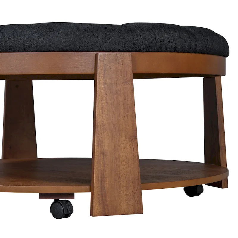 Table basse ronde moderne à 2 niveaux, pouf capitonné avec étagère de rangement en bois, rembourré et à roulettes pour salon
