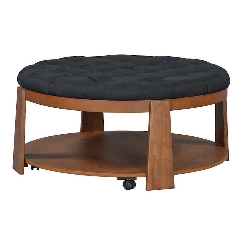 Table basse ronde moderne à 2 niveaux, pouf capitonné avec étagère de rangement en bois, rembourré et à roulettes pour salon