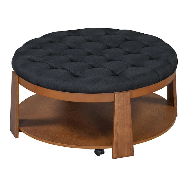 Table basse ronde moderne à 2 niveaux, pouf capitonné avec étagère de rangement en bois, rembourré et à roulettes pour salon