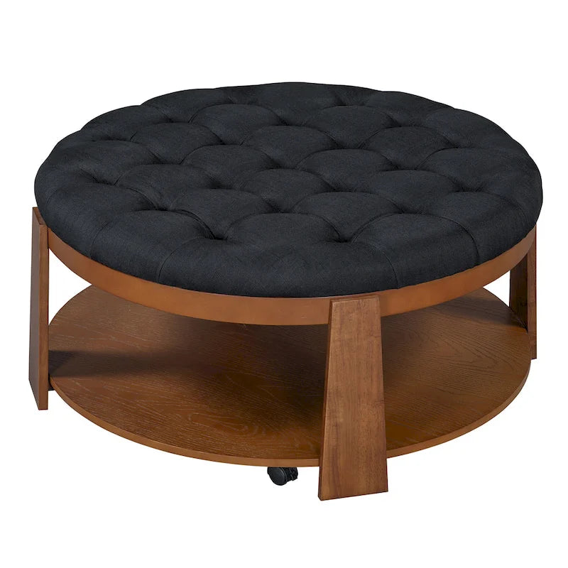 Table basse ronde moderne à 2 niveaux, pouf capitonné avec étagère de rangement en bois, rembourré et à roulettes pour salon