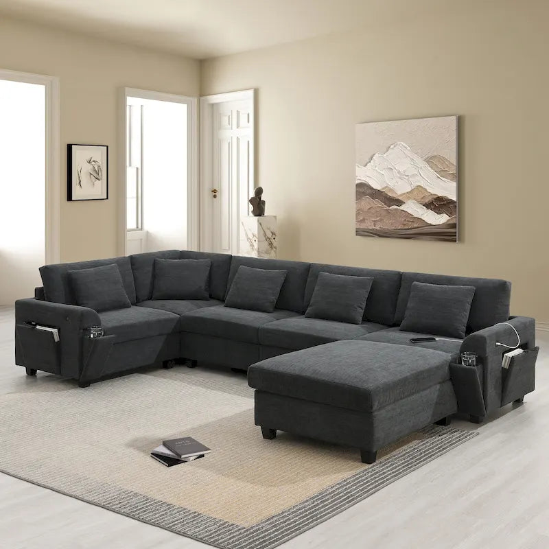 Canapé sectionnel en U 128" en chenille avec rangement et USB