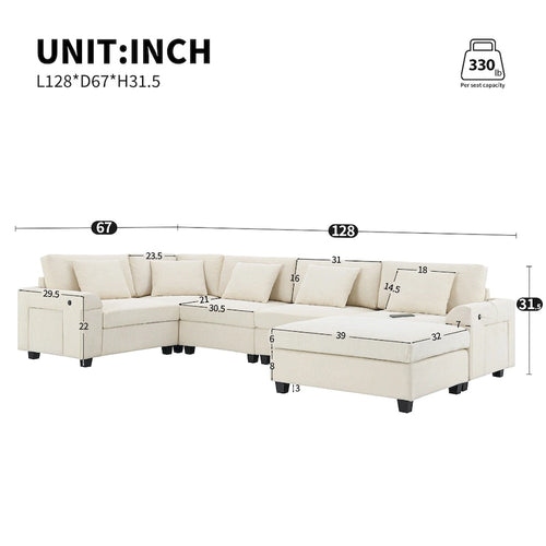 Canapé sectionnel en U 128" en chenille avec rangement et USB