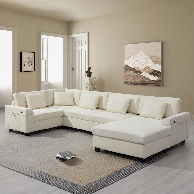 Canapé sectionnel en U 128" en chenille avec rangement et USB