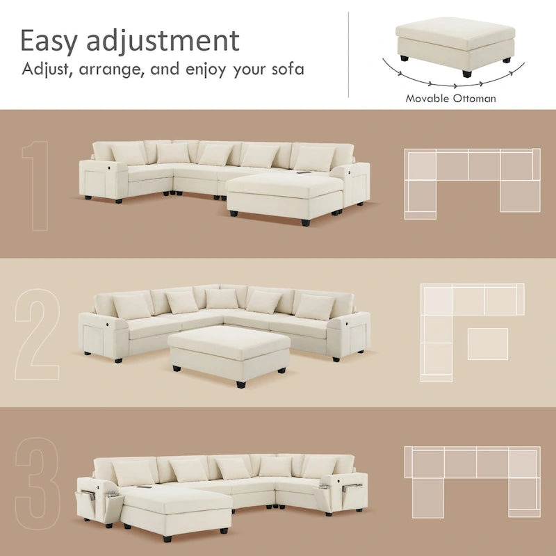 Canapé sectionnel en U 128" en chenille avec rangement et USB