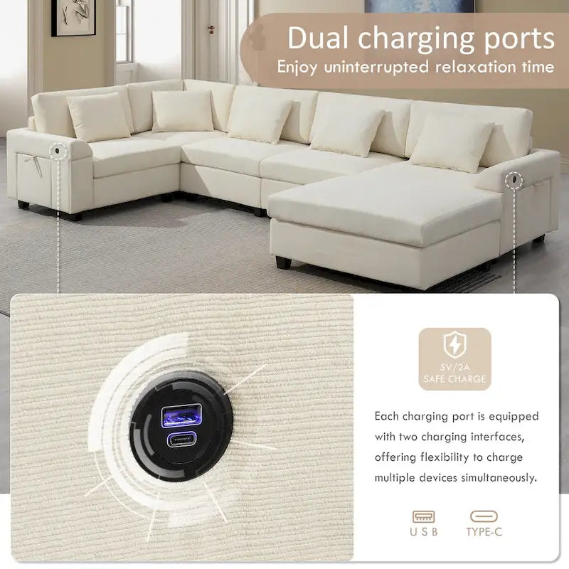 Canapé sectionnel en U 128" en chenille avec rangement et USB