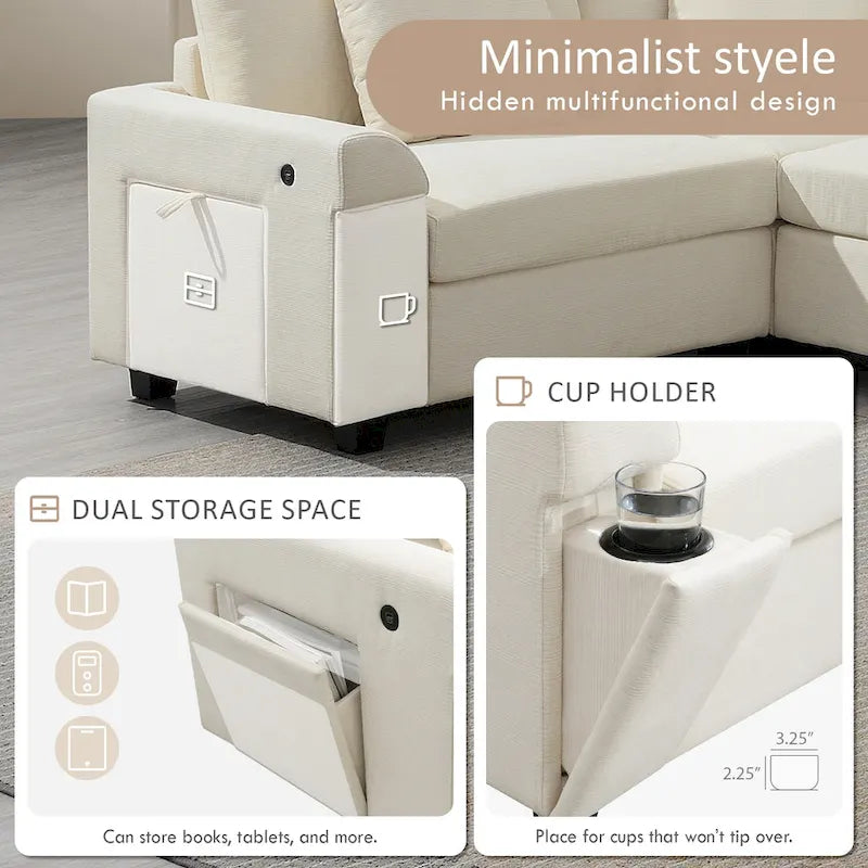 Canapé sectionnel en U 128" en chenille avec rangement et USB