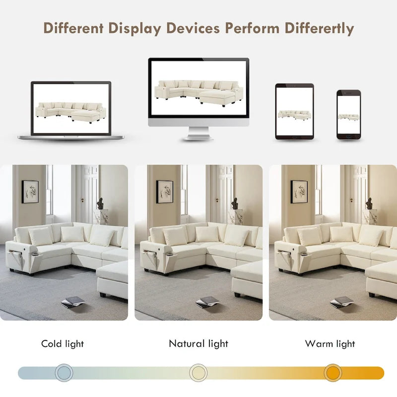 Canapé sectionnel en U 128" en chenille avec rangement et USB