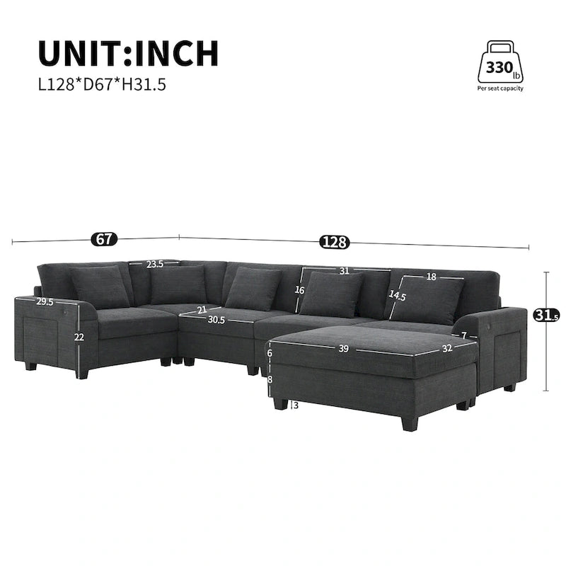 Canapé sectionnel en U 128" en chenille avec rangement et USB