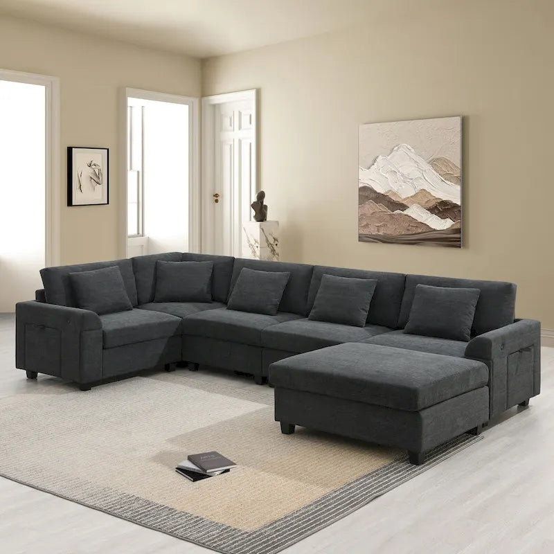 Canapé sectionnel en U 128" en chenille avec rangement et USB