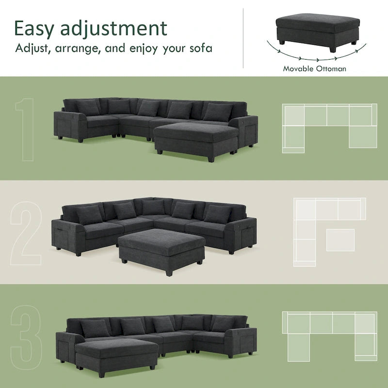 Canapé sectionnel en U 128" en chenille avec rangement et USB