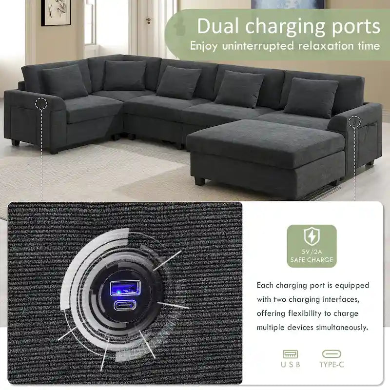 Canapé sectionnel en U 128" en chenille avec rangement et USB