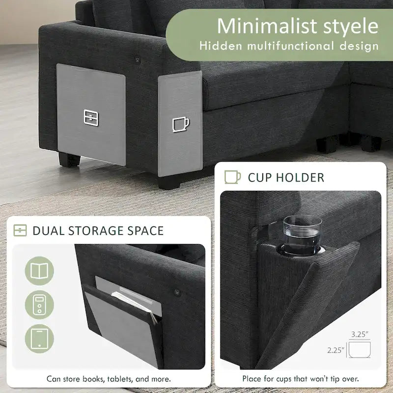 Canapé sectionnel en U 128" en chenille avec rangement et USB