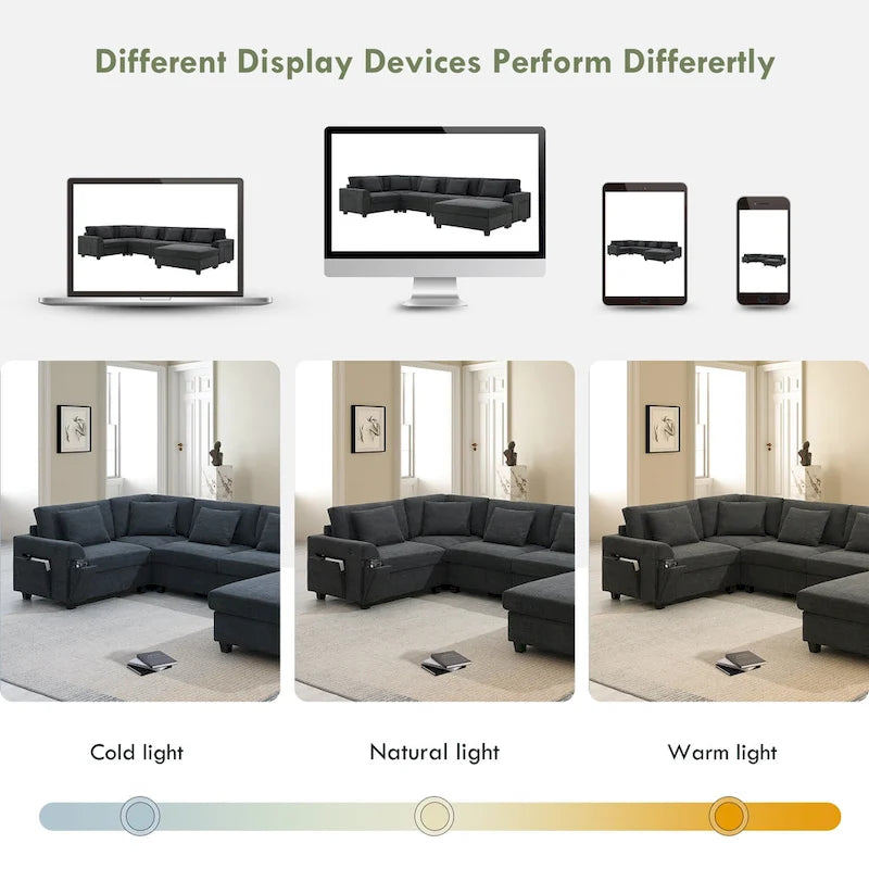 Canapé sectionnel en U 128" en chenille avec rangement et USB