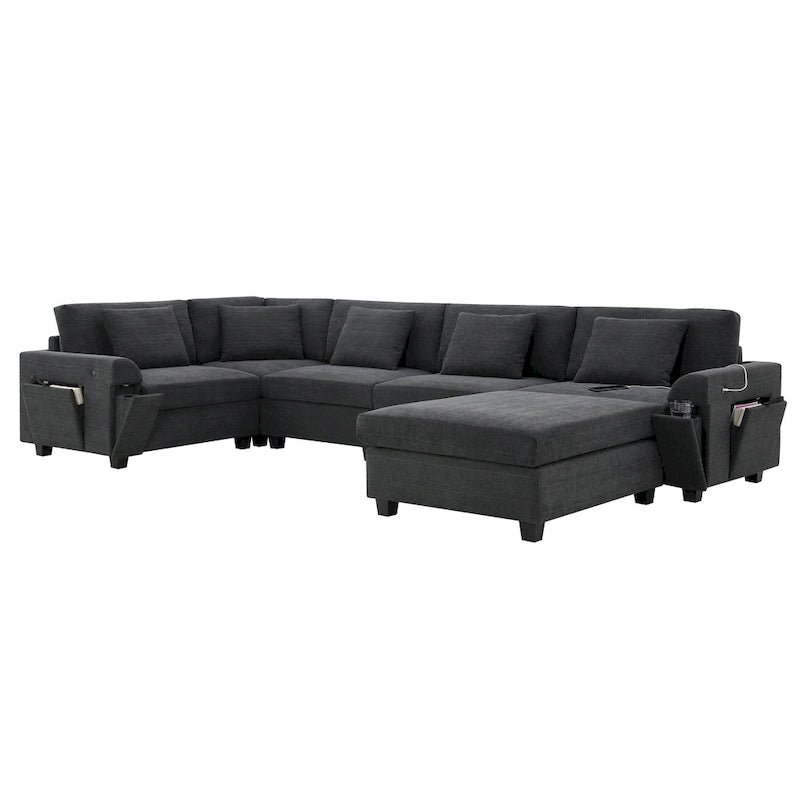 Canapé sectionnel en U 128" en chenille avec rangement et USB