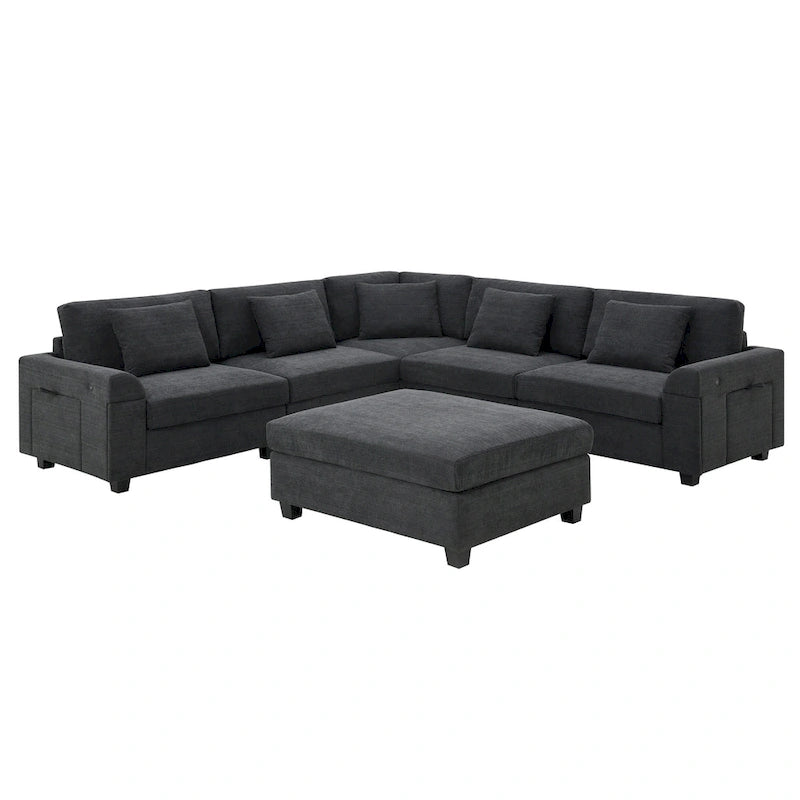 Canapé sectionnel en U 128" en chenille avec rangement et USB
