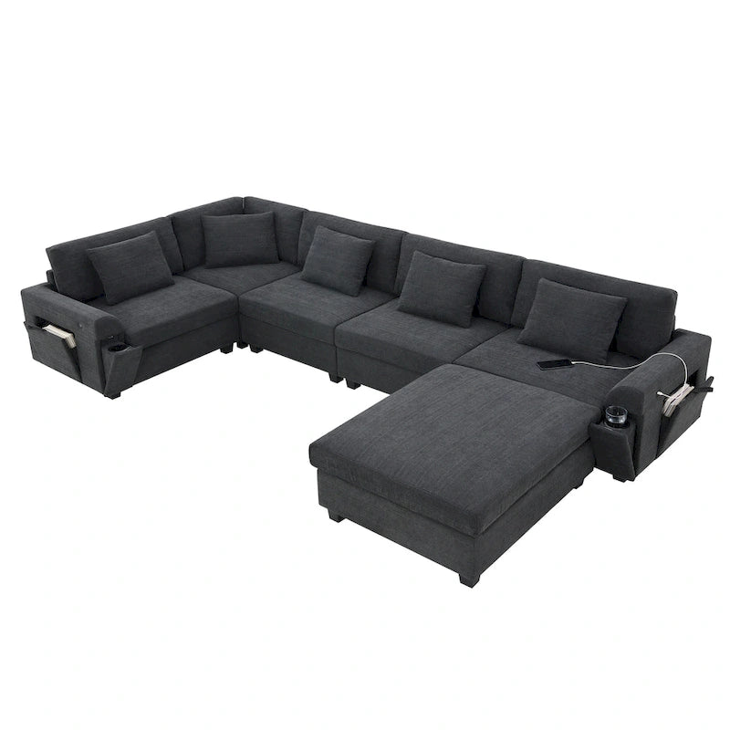 Canapé sectionnel en U 128" en chenille avec rangement et USB