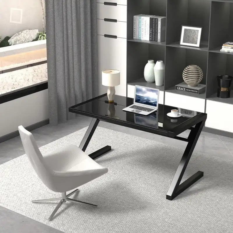Bureau de jeu et d'étude professionnel avec pieds en Z en verre trempé et câble USB intégré