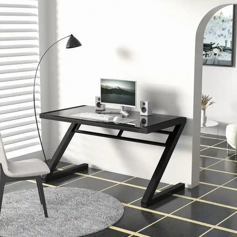 Bureau de jeu et d'étude professionnel avec pieds en Z en verre trempé et câble USB intégré