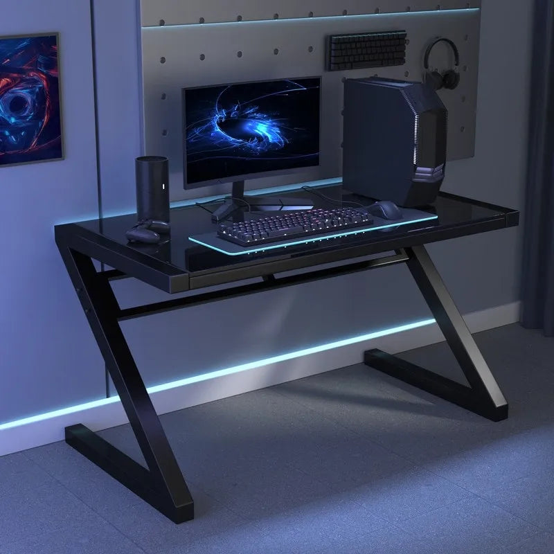 Bureau de jeu et d'étude professionnel avec pieds en Z en verre trempé et câble USB intégré
