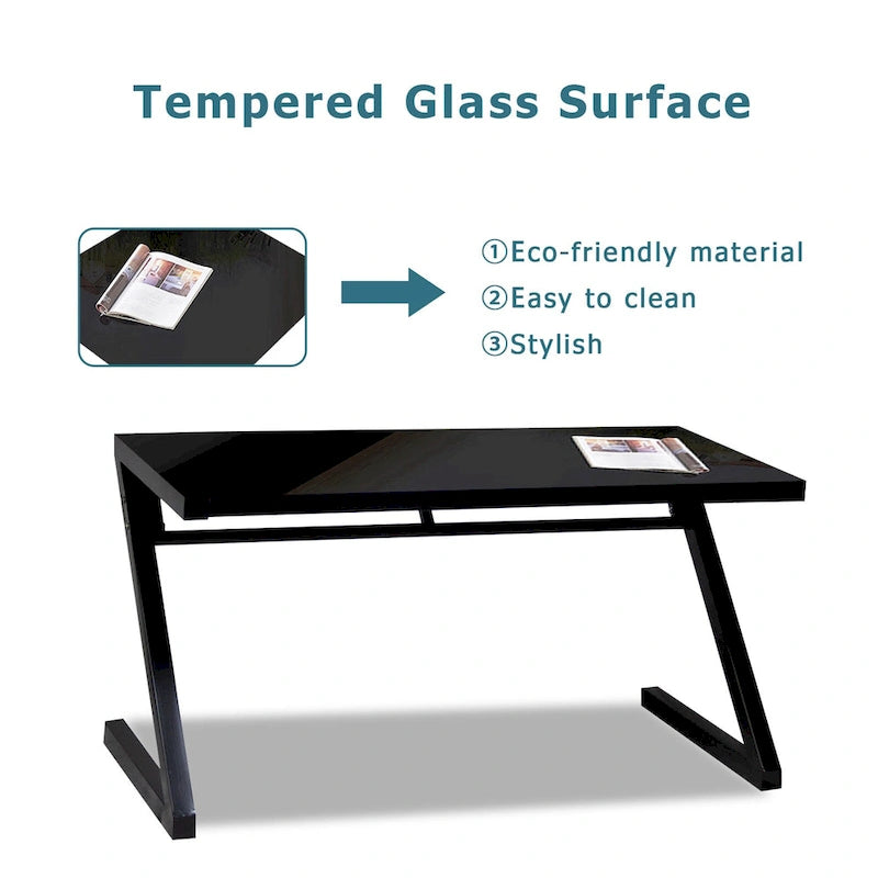 Bureau de jeu et d'étude professionnel avec pieds en Z en verre trempé et câble USB intégré