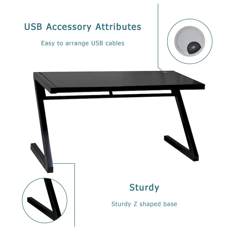 Bureau de jeu et d'étude professionnel avec pieds en Z en verre trempé et câble USB intégré
