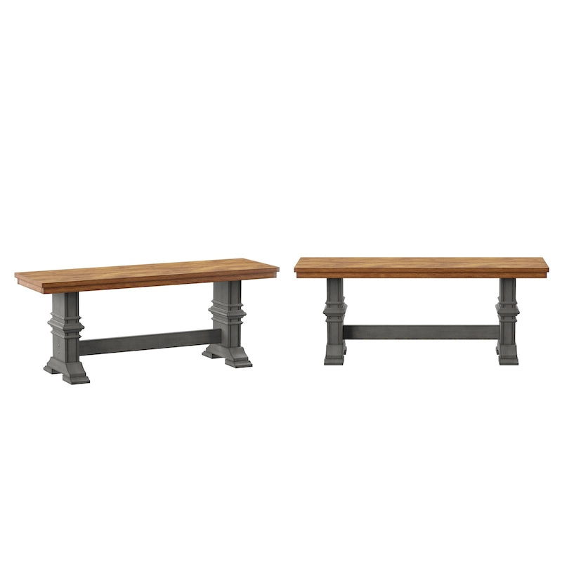 Banc de salle à manger en bois avec pieds tréteaux bicolores