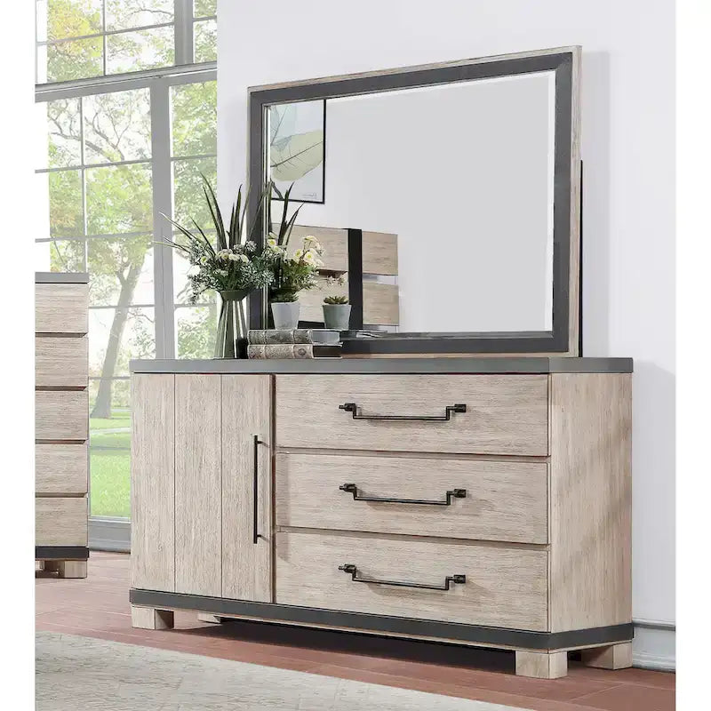 Ensemble de lit à lattes en bois avec commode, miroir et deux tables de chevet - Chêne patiné