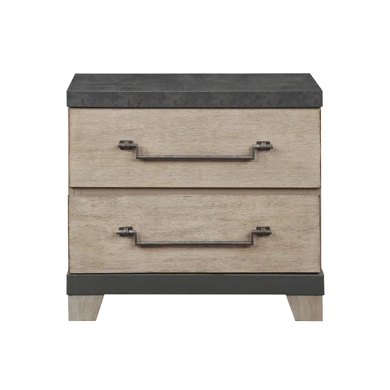 Ensemble de lit à lattes en bois avec commode, miroir et deux tables de chevet - Chêne patiné