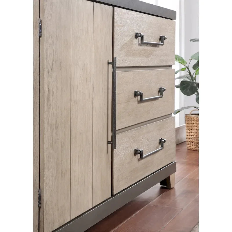 Ensemble de lit à lattes en bois avec commode, miroir et deux tables de chevet - Chêne patiné
