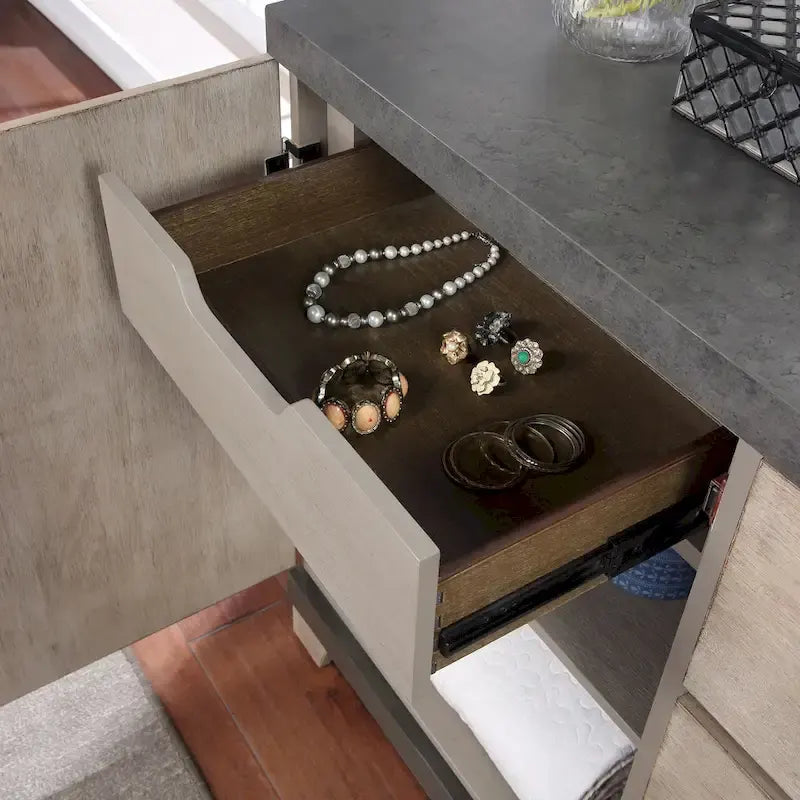 Ensemble de lit à lattes en bois avec commode, miroir et deux tables de chevet - Chêne patiné