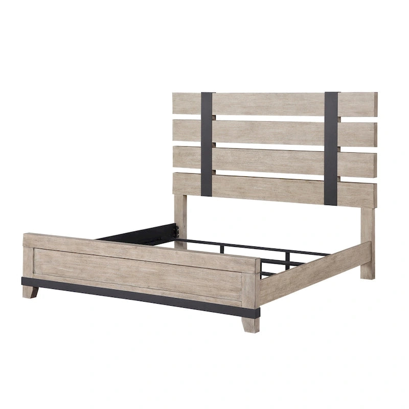 Ensemble de lit à lattes en bois avec commode, miroir et deux tables de chevet - Chêne patiné