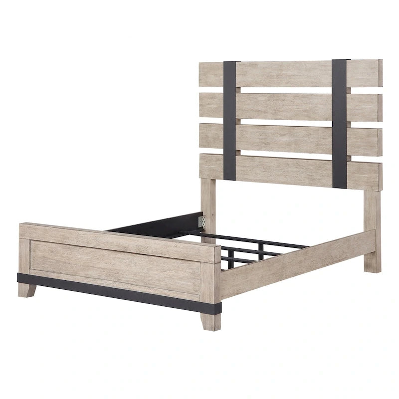 Ensemble de lit à lattes en bois avec commode, miroir et deux tables de chevet - Chêne patiné