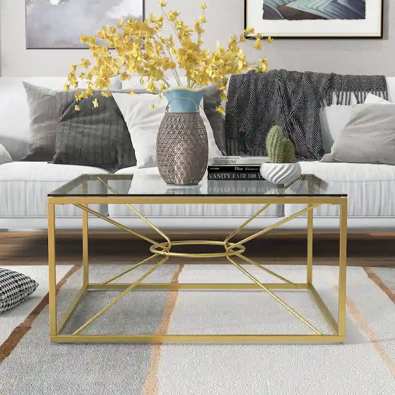 Table basse Glam en acier et verre de 35 pouces, revêtement doré