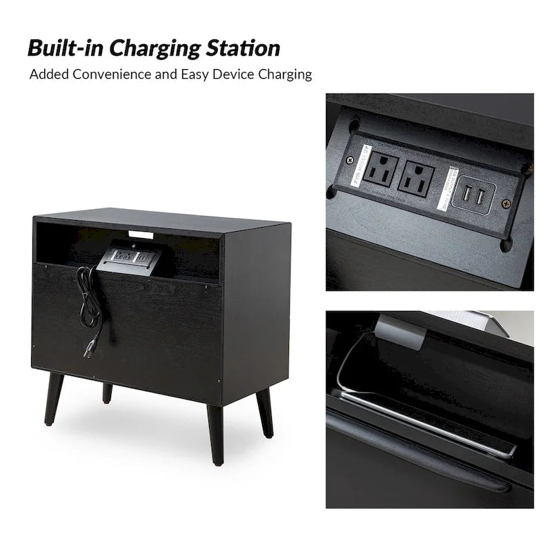 Table de chevet moderne du milieu du siècle à 2 tiroirs avec prises et port USB intégrés