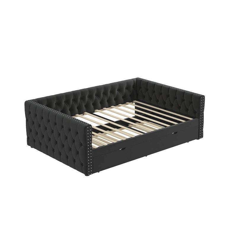 Lit de repos avec lit gigogne, en velours capitonné, avec boutons et clous cuivrés sur accoudoirs carrés, lit de repos double et lit gigogne simple