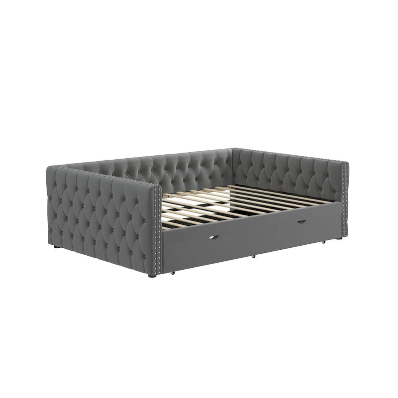 Lit de repos avec lit gigogne, en velours capitonné, avec boutons et clous cuivrés sur accoudoirs carrés, lit de repos double et lit gigogne simple