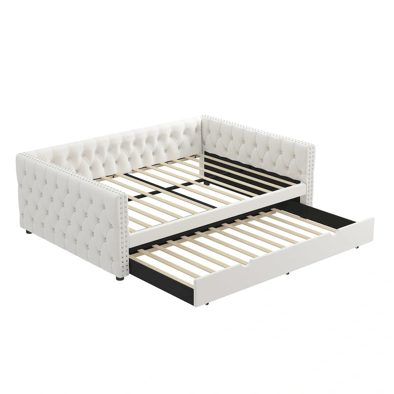 Lit de repos avec lit gigogne, en velours capitonné, avec boutons et clous cuivrés sur accoudoirs carrés, lit de repos double et lit gigogne simple