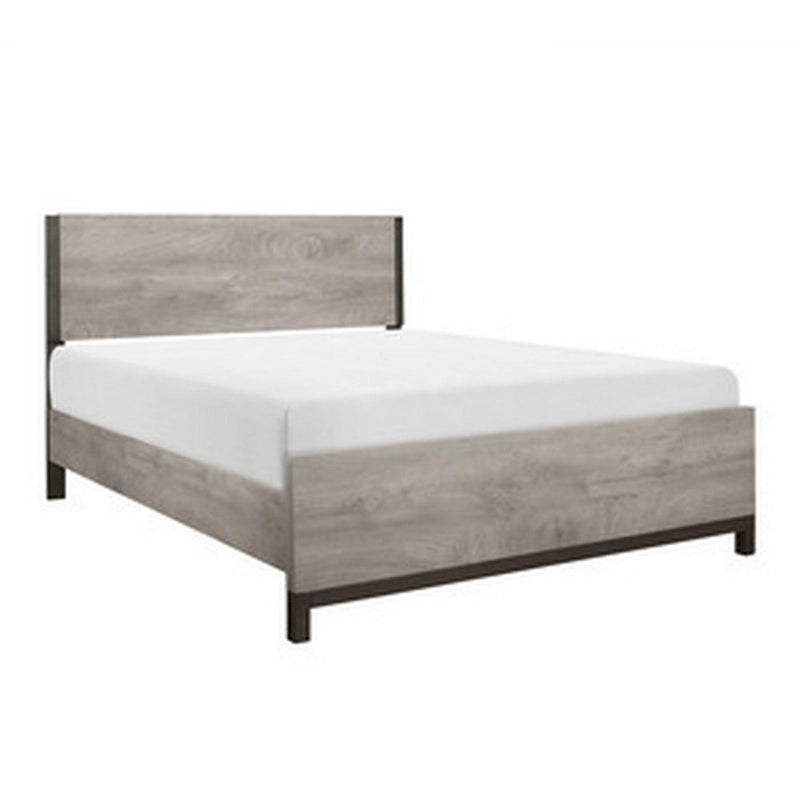 Grand lit double, accents de finition en métal peint, cadre en bois gris clair