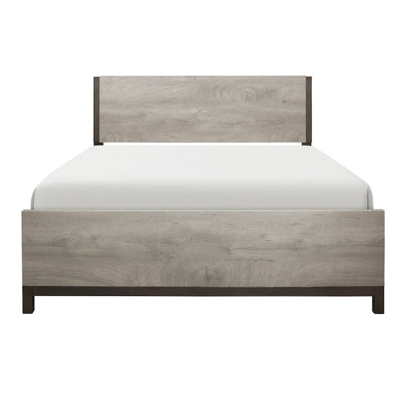 Grand lit double, accents de finition en métal peint, cadre en bois gris clair