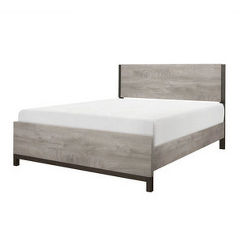Grand lit double, accents de finition en métal peint, cadre en bois gris clair